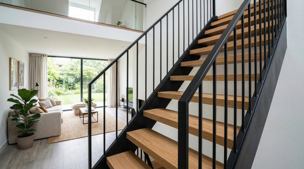 Open traprenovatie met eiken treden en modern zwart stalen frame in een industriële woonkamer.